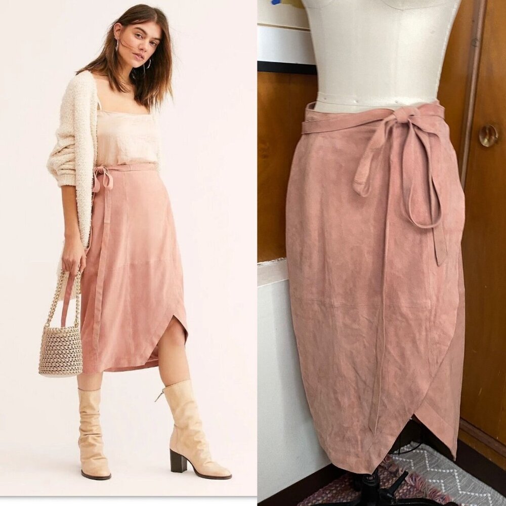 Free People SUEDE Light Pink Wrap Side Tie Skirt Sz 6